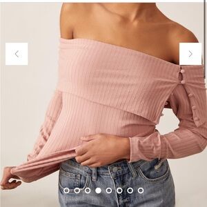 Anthropologie Ribbed Off-The-Shoulder Top - Mauve Pink Button  Asymetrical‎ XS